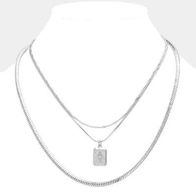 Fashnzfab Stone Centered Brass Metal Octagon Pendant Triple Layered Necklace In Metallic