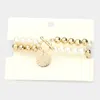 Fashnzfab Stone Centered Metal Disc Charm Pearl Stretch Bracelet Cream, Gold In Multi