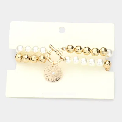 Fashnzfab Stone Centered Metal Disc Charm Pearl Stretch Bracelet Cream, Gold In Multi