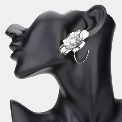 Fashnzfab Stone Centered Metal Flower Accented Half Hoop Earrings In Metallic