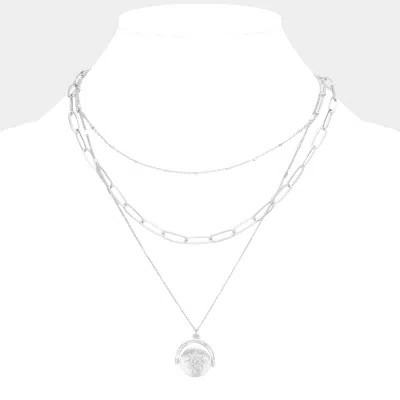 Fashnzfab Stone Centered North Star Metal Round Pendant Triple Layered Necklace In Metallic