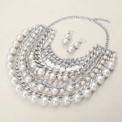 Fashnzfab Stone Charm Chain Pearl Bib Necklace In Metallic