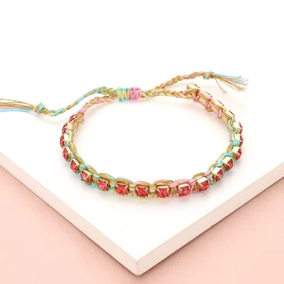 Fashnzfab Stone Cluster Beaded Adjustable Cinch Pull Tie Bracelet In Pink