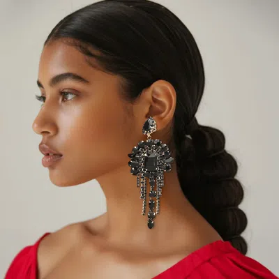 Fashnzfab Stone Cluster Chandelier Fringe Drop Evening Statement Earrings In Black