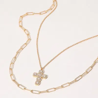Fashnzfab Stone Cluster Cross Pendant Pointed Paperclip Chain Layered Necklace In Gold