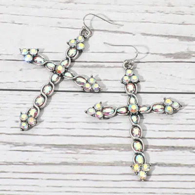 Fashnzfab Stone Cluster Embellished Cross Dangle Statement Earrings - Ab, Silver Burnished In Multi