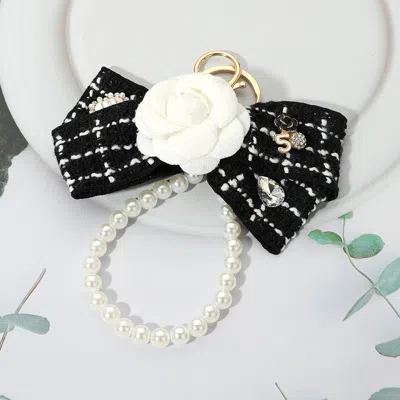 Fashnzfab Stone Cluster Embellished Floral Tweed Bow Pearl Wristlet Keychain / Bag Charm In Black