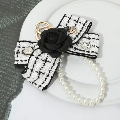 Fashnzfab Stone Cluster Embellished Floral Tweed Bow Pearl Wristlet Keychain / Bag Charm In White