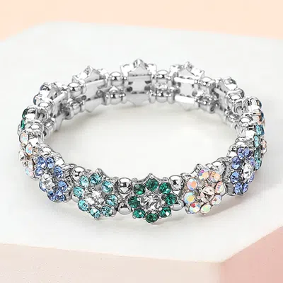 Fashnzfab Stone Cluster Flower Stretch Bracelet Blue, Silver In Multi