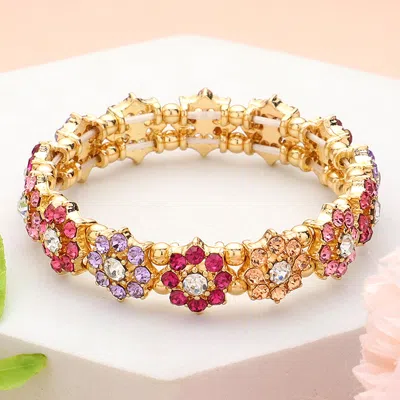 Fashnzfab Stone Cluster Flower Stretch Bracelet Gold, Pink In Multi