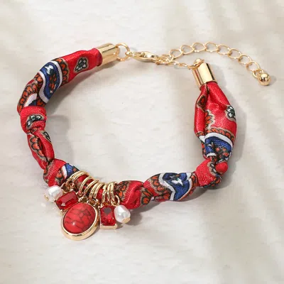Fashnzfab Stone Cluster Pearl Charm Boho Fabric Bracelet In Red