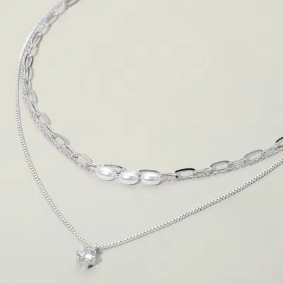 Fashnzfab Stone Cluster Pendant Accent Pearl Beaded Paperclip Chain Layered Necklace In Silver