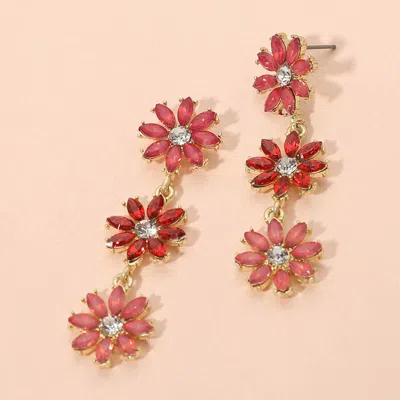 Fashnzfab Stone Cluster Triple Flower Link Dropdown Earrings In Red