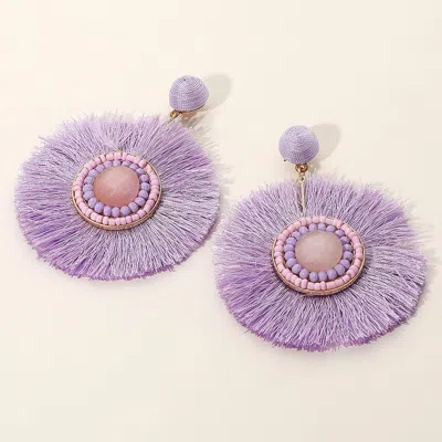 Fashnzfab Stone Detail Thread Fringe Round Disc Earrings In Purple