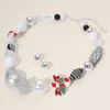 Fashnzfab Stone Detailed Enamel Christmas Bow Candy Cane Charm Peal Engraved Beaded Necklace In Multi