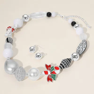 Fashnzfab Stone Detailed Enamel Christmas Bow Candy Cane Charm Peal Engraved Beaded Necklace In Silver