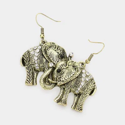 Fashnzfab Stone Embellished Antique Metal Elephant Dangle Earrings In Gold