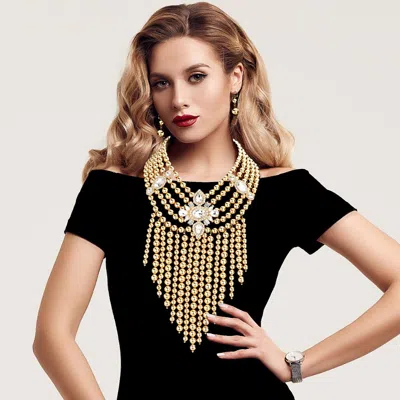 Fashnzfab Stone Embellished Ball Fringe Statement Necklace In Gold