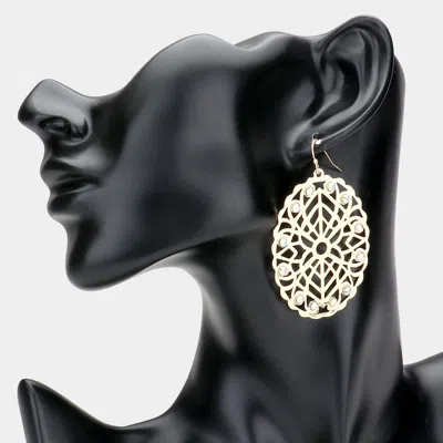 Fashnzfab Stone Embellished Brass Metal Patterned Oval Dangle Earrings - Gold