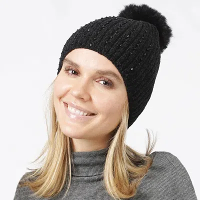 Fashnzfab Stone Embellished Chenille Pom Pom Beanie Hat In Black