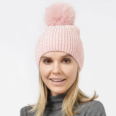 Fashnzfab Stone Embellished Chenille Pom Pom Beanie Hat In Pink