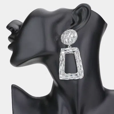 Fashnzfab Stone Embellished Chunky Open Rectangle Dangle Evening Earrings - Clear, Rhodium In Silver