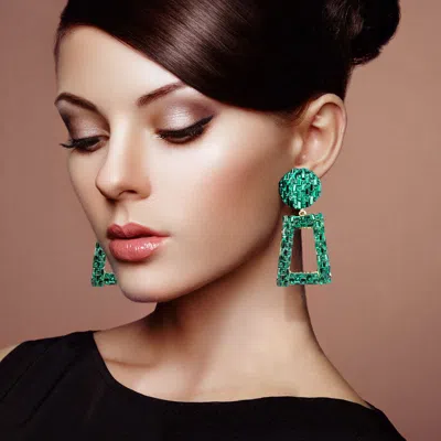 Fashnzfab Stone Embellished Chunky Open Rectangle Dangle Evening Earrings - Emerald In Green