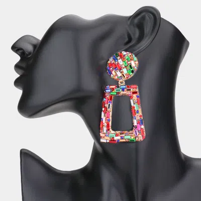 Fashnzfab Stone Embellished Chunky Open Rectangle Dangle Evening Earrings - Gold, Multi