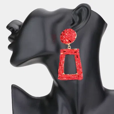 Fashnzfab Stone Embellished Chunky Open Rectangle Dangle Evening Earrings - Siam In Red