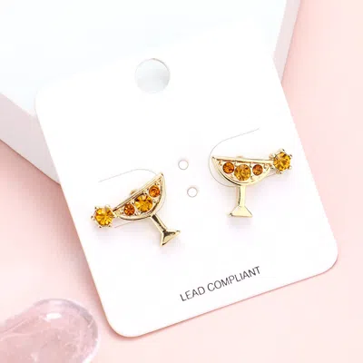 Fashnzfab Stone Embellished Cocktail Stud Earrings - Gold, Yellow