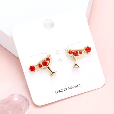 Fashnzfab Stone Embellished Cocktail Stud Earrings - Gold, Red In Orange