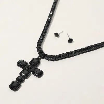 Fashnzfab Stone Embellished Cross Pendant Bling Studded Chunky Chain Necklace In Black