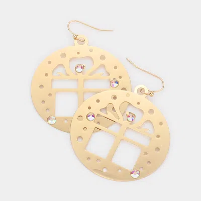 Fashnzfab Stone Embellished Cutout Christmas Gift Brass Metal Round Dangle Earrings - Gold