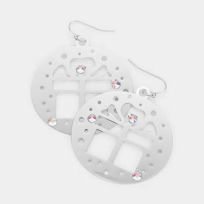 Fashnzfab Stone Embellished Cutout Christmas Gift Brass Metal Round Dangle Earrings - Silver