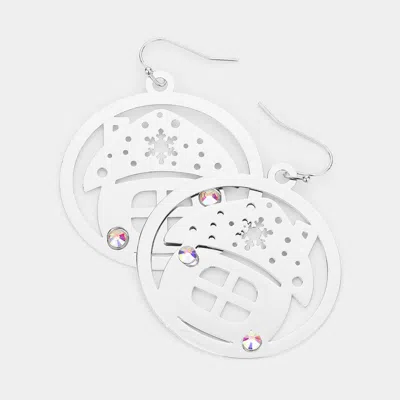 Fashnzfab Stone Embellished Cutout Christmas House Brass Metal Round Dangle Earrings - Silver In White