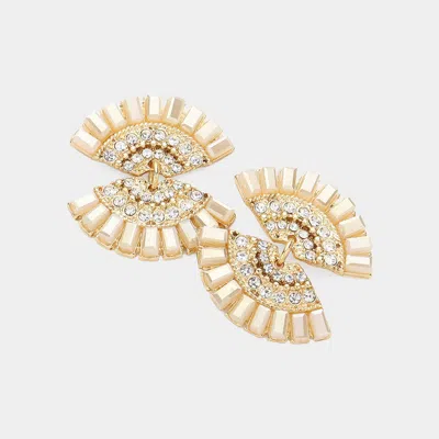 Fashnzfab Stone Embellished Double Fan Dangle Earrings - Ivory In Gold