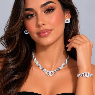 Fashnzfab Stone Embellished Double Open Circle Link Necklace Jewelry Set In Neutral
