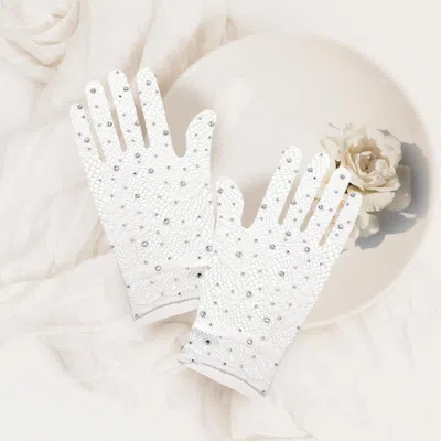 Fashnzfab Stone Embellished Dressy Floral Lace Wedding Gloves In White