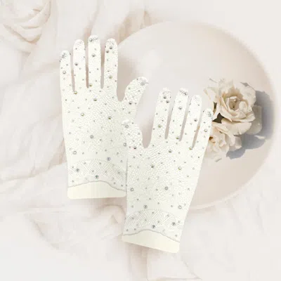 Fashnzfab Stone Embellished Dressy Floral Lace Wedding Gloves In White