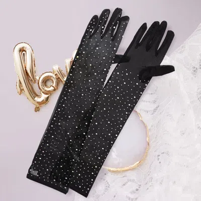Fashnzfab Stone Embellished Dressy Mesh Long Wedding Gloves In Black