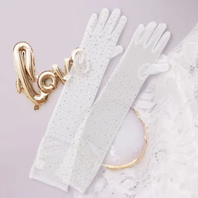 Fashnzfab Stone Embellished Dressy Mesh Long Wedding Gloves In White
