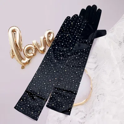 Fashnzfab Stone Embellished Dressy Satin Long Wedding Gloves In Blue
