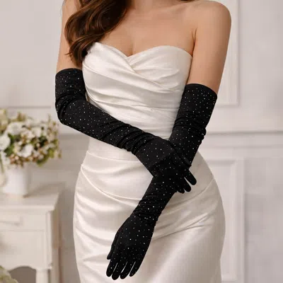 Fashnzfab Stone Embellished Dressy Satin Long Wedding Gloves In Metallic