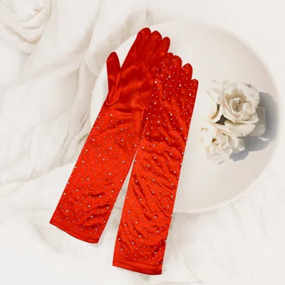 Fashnzfab Stone Embellished Dressy Satin Long Wedding Gloves In Red