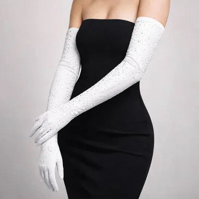 Fashnzfab Stone Embellished Dressy Satin Opera Length Wedding Gloves In White