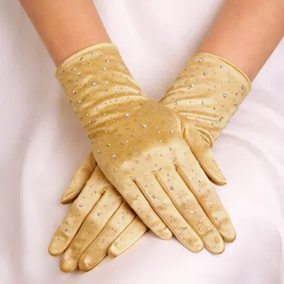 Fashnzfab Stone Embellished Dressy Satin Wedding Gloves In Gold