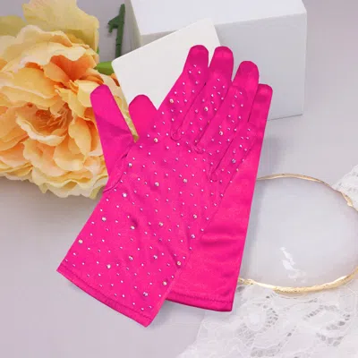 Fashnzfab Stone Embellished Dressy Satin Wedding Gloves In Pink