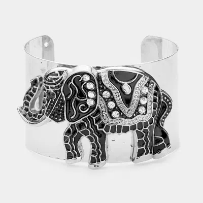 Fashnzfab Stone Embellished Enamel Elephant Cuff Bracelet Black