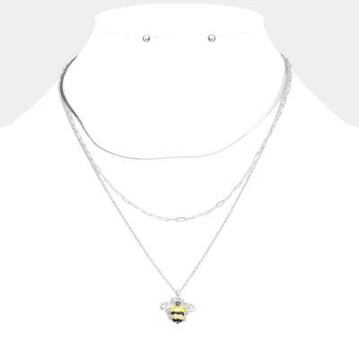 Fashnzfab Stone Embellished Enamel Honey Bee Pendant Triple Layered Necklace In Silver