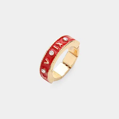 Fashnzfab Stone Embellished Enamel Metal Roman Numerals Stretch Ring In Red